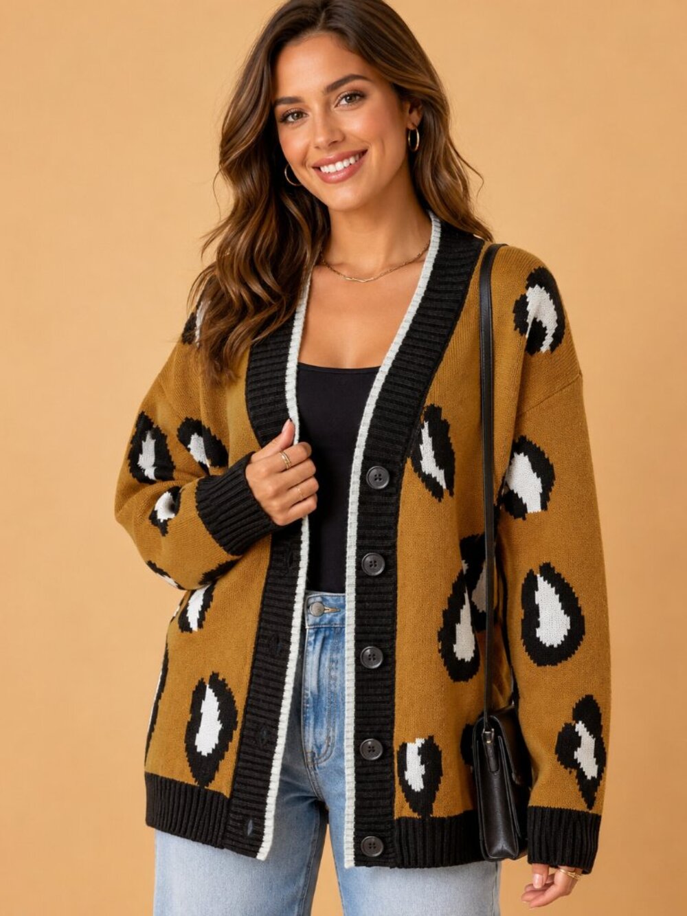 Leopard Print Oversized Button Front Cardigan Sweater Tan Black NWT